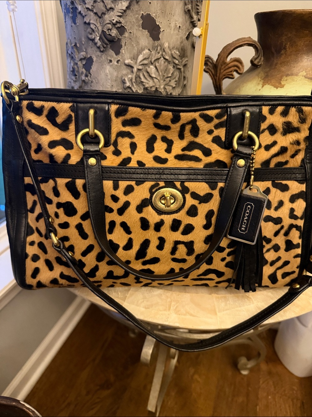 Coach Park Leather & Calf Hair Leopard-Print Shoulder Tote with Black Trim
